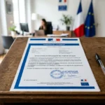 Attestation de déclaration préalable de détachement écrite sur une table en bois, avec stylo; façade de bureau et drapeaux français et européen en arrière-plan.
