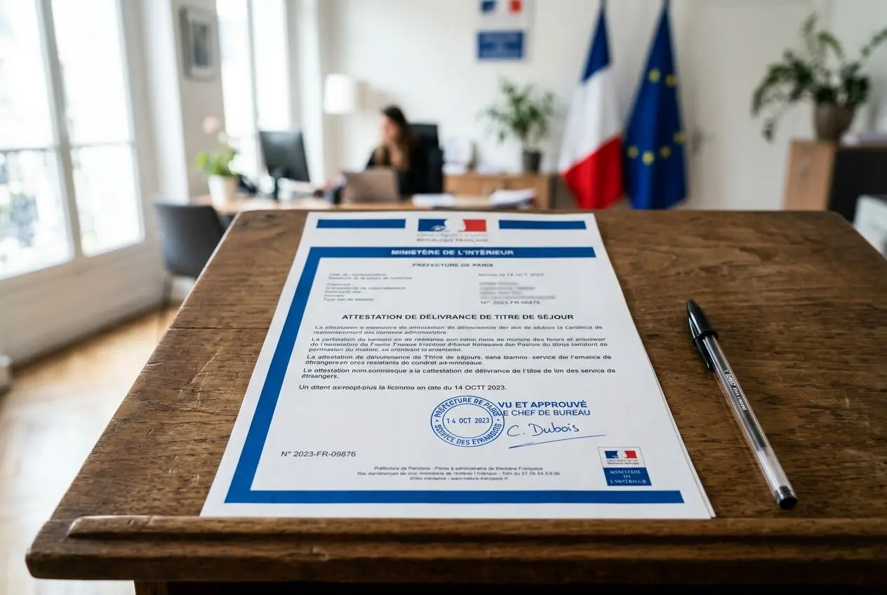 Attestation de déclaration préalable de détachement écrite sur une table en bois, avec stylo; façade de bureau et drapeaux français et européen en arrière-plan.