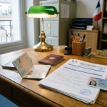 Bureau avec documents officiels et pièces d’identité, lampe verte et dorée, tampons et dossiers sur la table, bureau d’un service des étrangers. Autorisation de travail en France pour les étrangers évoquée.