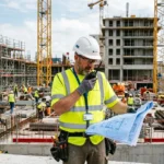 Chef de chantier en chantier de construction, consultant et plan sur la main, illustrant le travail détaché en france dans un cadre administratif et technique.