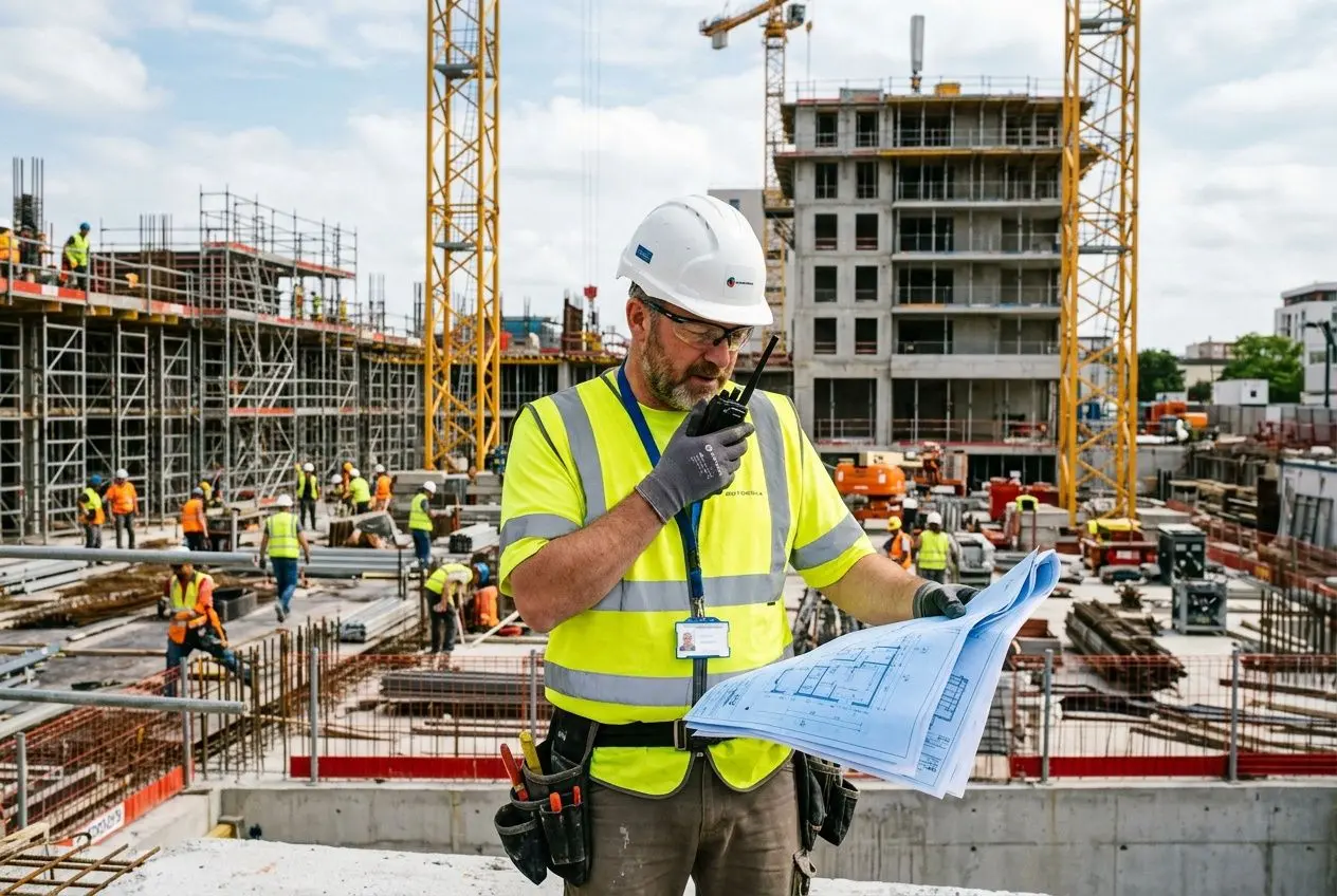 Chef de chantier en chantier de construction, consultant et plan sur la main, illustrant le travail détaché en france dans un cadre administratif et technique.