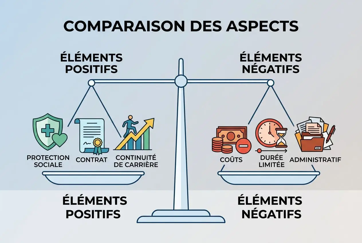 Comparaison des aspects: balance affichant éléments positifs (protection sociale, contrat, continuité de carrière) et éléments négatifs (coûts, durée limitée, administratif) pour détachement vs expatriation. diff entre détachement et expatriation.