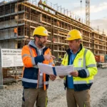 Deux ouvriers en casque jaune discutent devant un chantier, l’un montrant un document à l’autre. diff entre détachement et expatriation (image).