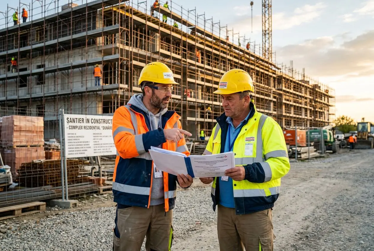 Deux ouvriers en casque jaune discutent devant un chantier, l’un montrant un document à l’autre. diff entre détachement et expatriation (image).