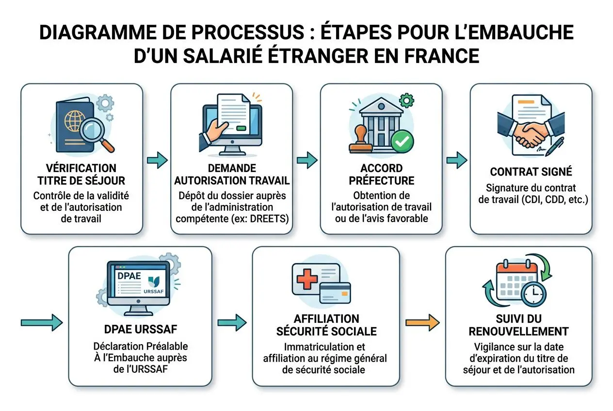 Diagramme de processus: étapes pour l’embauche d’un salarié étranger en France, avec vérification du titre de séjour, demande d’autorisation travail, accord préfectoral, contrat signé et suivi sécurité sociale. Autorisation de travail en france pour les étrangers.