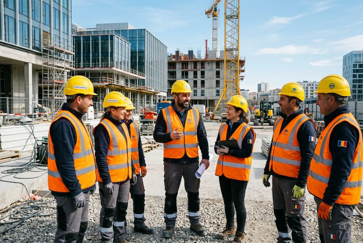 Équipe de travailleurs roumains sur chantier
