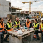 Groupe de travailleurs en gilets orange et jaune prenant une pause autour d’une table sur un chantier de construction, vue d’ouvrages et grues en arrière-plan, évoquant une agence interim europeenne.