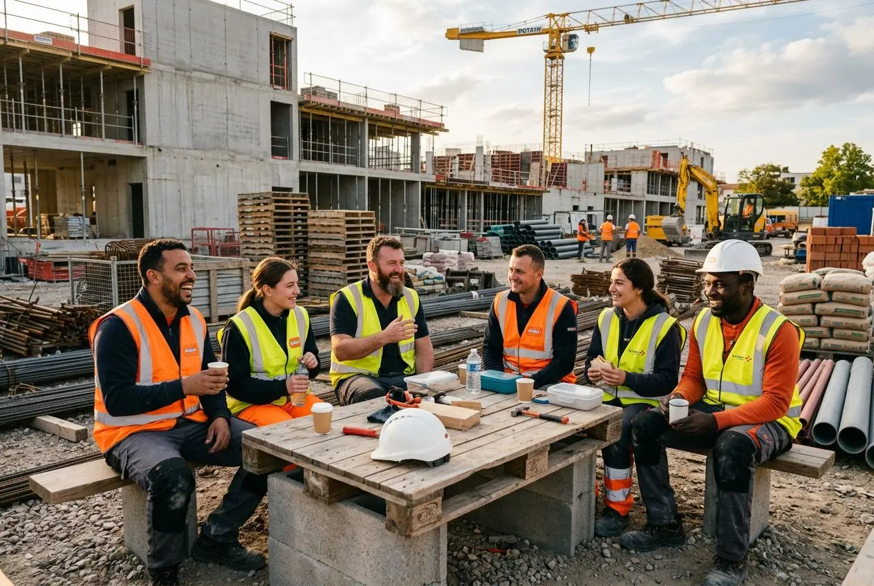 Groupe de travailleurs en gilets orange et jaune prenant une pause autour d’une table sur un chantier de construction, vue d’ouvrages et grues en arrière-plan, évoquant une agence interim europeenne.