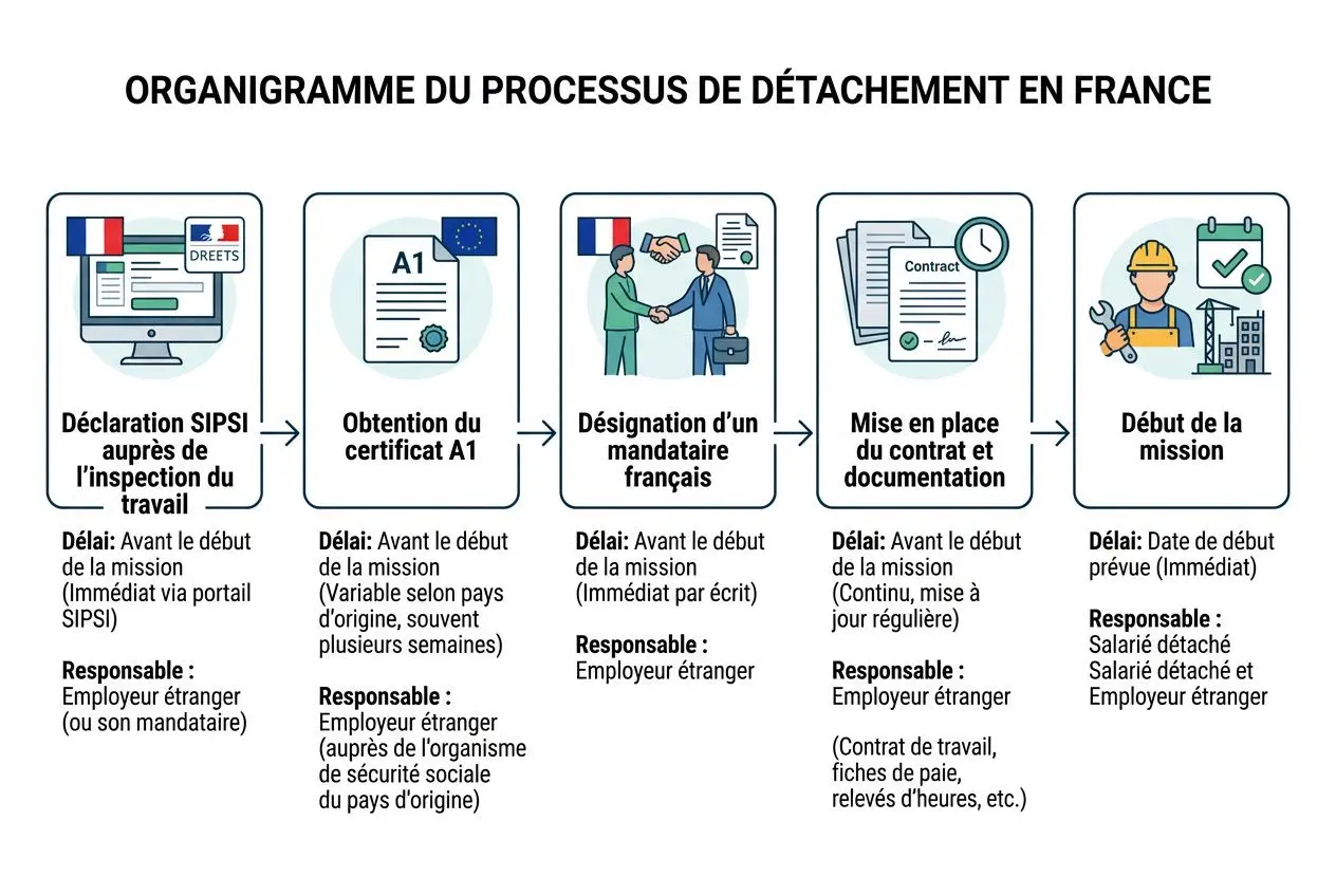 Organigramme du processus de détachement en France: étapes de la déclaration SIPSI, obtention du certificat A1, désignation d’un mandataire français, mise en place du contrat et documents, puis début de la mission.