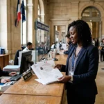 Agent casier et ressortissante étrangère en guichet: vérification de documents pour le titre de séjour travailleur temporaire, en salle d’accueil.