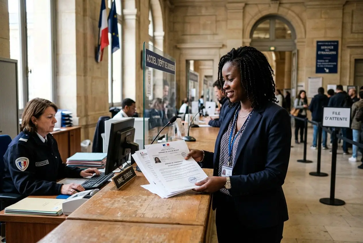Agent casier et ressortissante étrangère en guichet: vérification de documents pour le titre de séjour travailleur temporaire, en salle d’accueil.