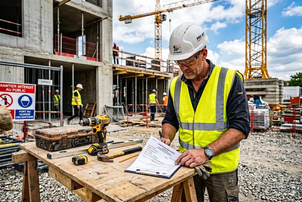 Agent de chantier en train d’inscrire des informations sur un dossier, à proximité d’un établi avec outils, sur un site de construction. Intègre le contexte: réglementation travail détaché france.