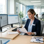 Agent d’agence intérim santé au bureau, examinant un dossier médical près de deux écrans et d’un stéthoscope sur le plan de travail.