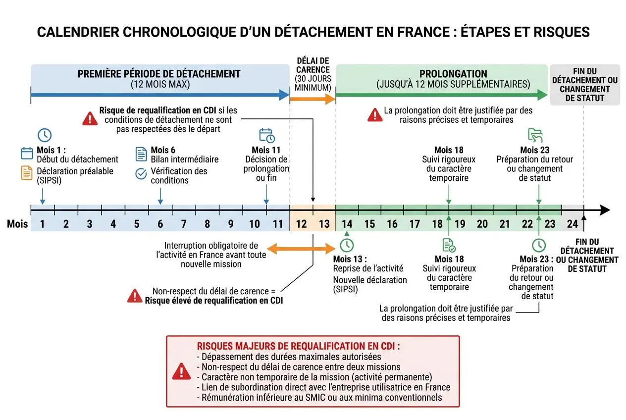 Calendrier chronologique d’un détachement en France montrant les étapes, délais et risques liés à la réglementation, avec prolongation et fin de détachement ou de changement de statut. Intègre le concept de détachement travailleur réglementation france.
