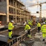 Chantiers de construction avec ouvriers en sécurité, horaires matinaux; sol acier et coffrage, sous-couverture crane, scène de travail pour une agence placement ouvrier btp.