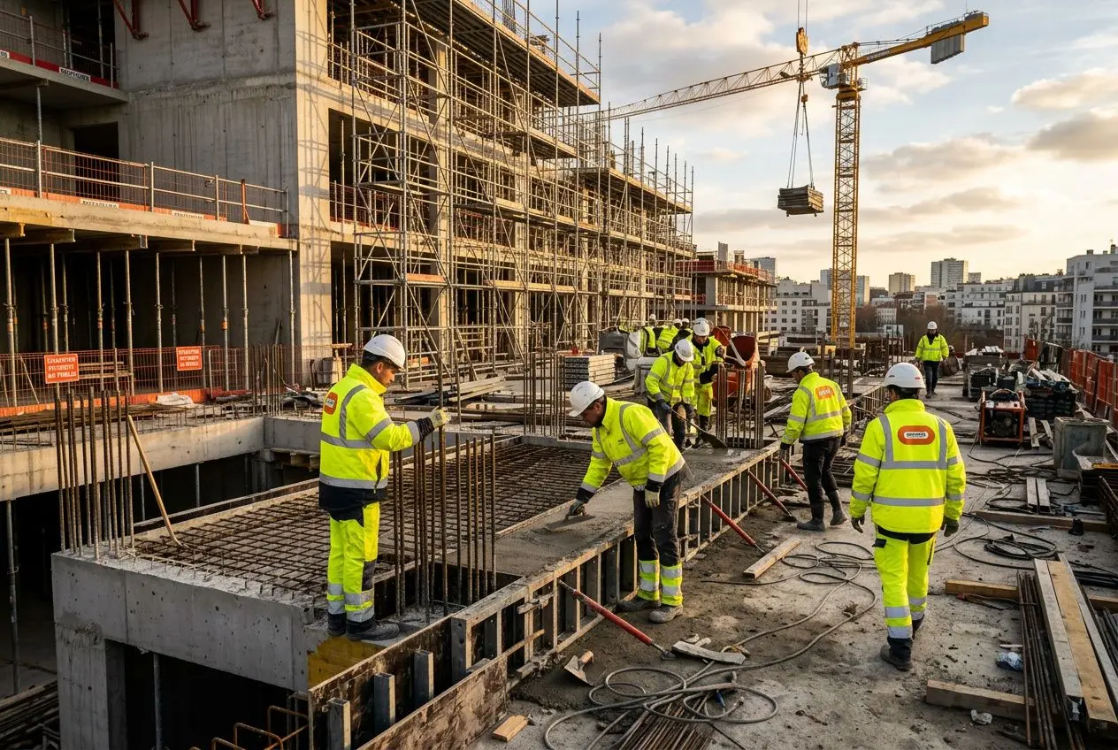 Chantiers de construction avec ouvriers en sécurité, horaires matinaux; sol acier et coffrage, sous-couverture crane, scène de travail pour une agence placement ouvrier btp.