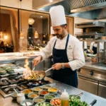 Chef en cuisine en action, wok sauté et sauces variées sur le plan de travail; ambiance cuisine professionnelle. Hôtellerie restauration recrutement étranger.