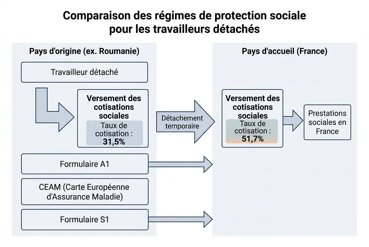Comparaison des régimes de protection sociale pour les travailleurs détachés, avec salaires et cotisations avant et après détachement temporaire.