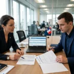 Deux professionnels en réunion de travail : une femme et un homme discutent autour de documents et d’un ordinateur portable dans un bureau, avec un drapeau français en arrière-plan. salarié detáché en france cotisations sociales.