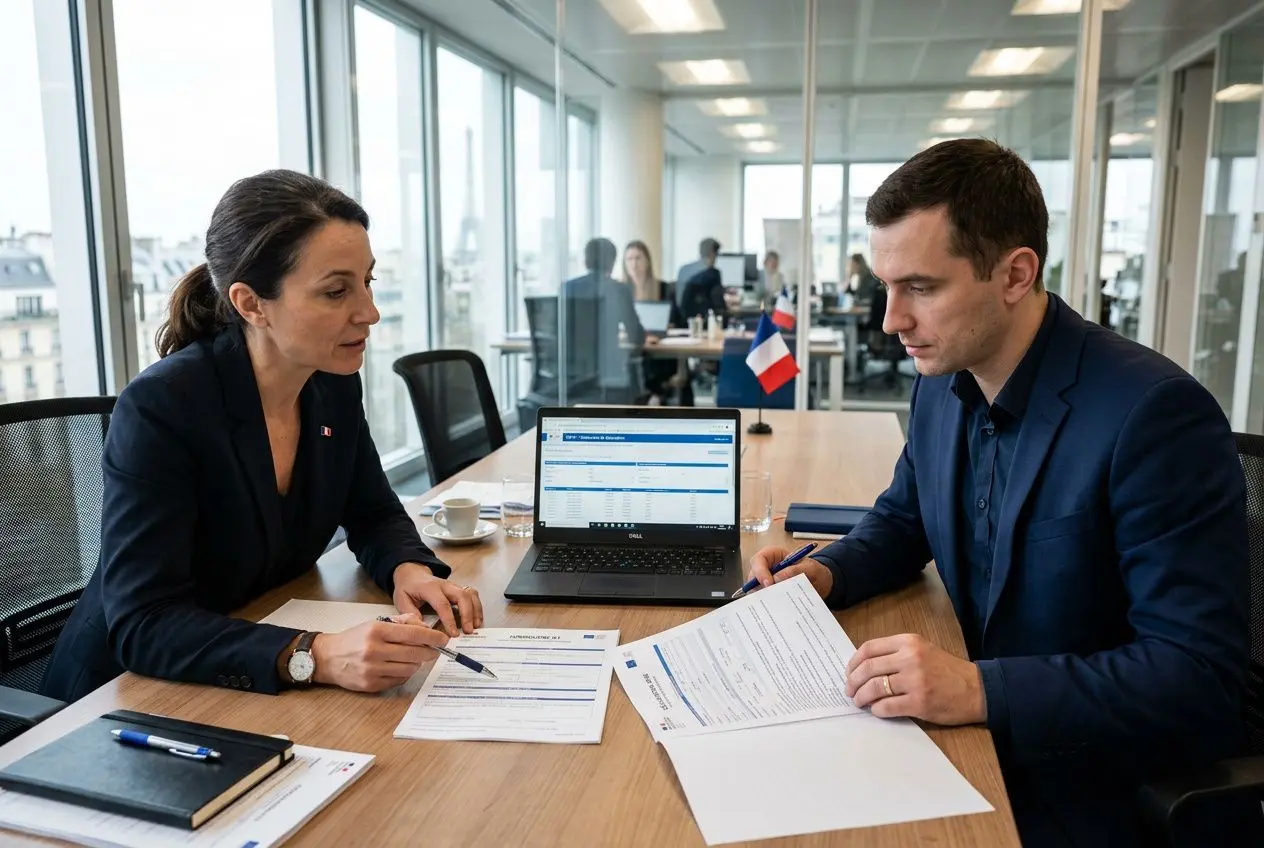 Deux professionnels en réunion de travail : une femme et un homme discutent autour de documents et d’un ordinateur portable dans un bureau, avec un drapeau français en arrière-plan. salarié detáché en france cotisations sociales.