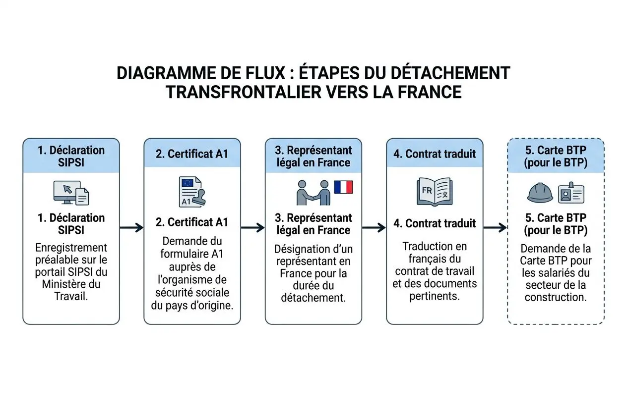 Diagramme de flux montrant les étapes du détachement transfrontalier vers la France, incluant déclaration SIPS, certificat A1, représentant légal en France, contrat traduit et carte BTP. Texte: embaucher légalement un travailleur roumain en france.
