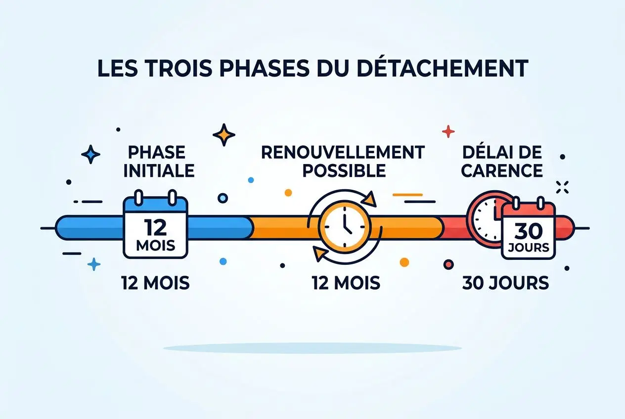 Diagramme illustrant les trois phases du détachement: phase initiale, renouvellement possible et délai de carence, avec montres et flèches indiquant 12 mois et 30 jours. Intègre le sujet réglementation travail détaché france.