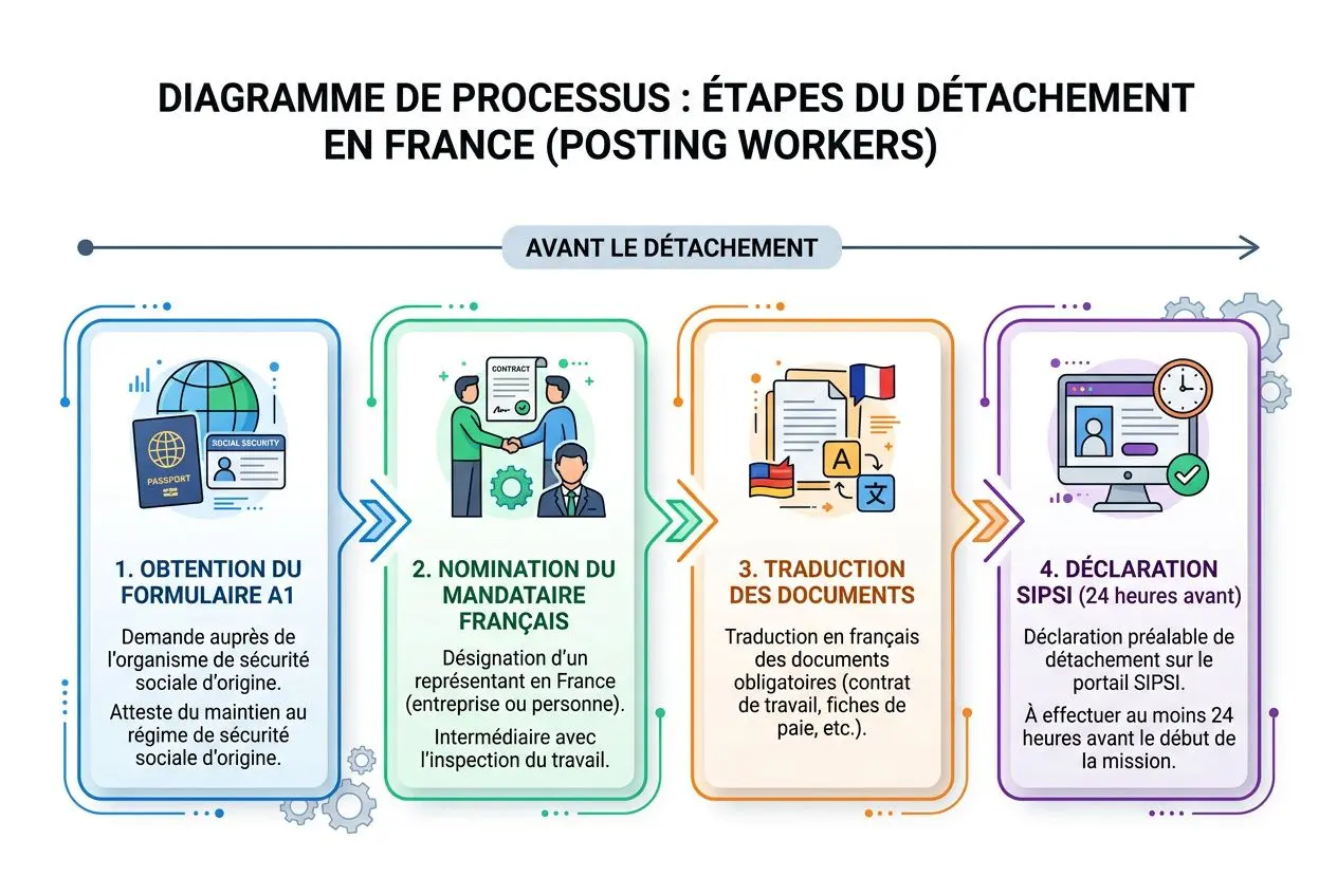 Diagramme de processus: étapes du détachement en France (posting workers) avant le détachement, avec obtention du formulaire A1, nomination du mandataire français et traduction des documents, puis déclaration SIPSI. Adapté à la réglementation travail détaché france.