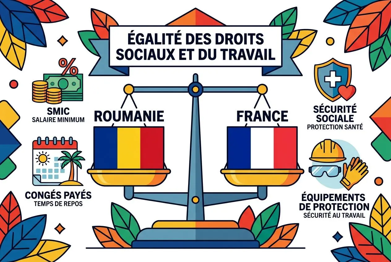 Égalité des droits sociaux et du travail: balance avec Roumanie et France, symboles et icônes de droits, sécurité et protections au travail. embaucher légalement un travailleur roumain en france.