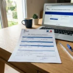 Formulaire de détachement travailleur posé sur un bureau en face d’un ordinateur affichant un portail de déclaration de détachement France.