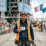 Homme ouvrier sur un chantier, portant gilet orange et casque, tenant une carte d’identité, avec drapeaux français et européen en arrière-plan. embaucher légalement un travailleur roumain en france.
