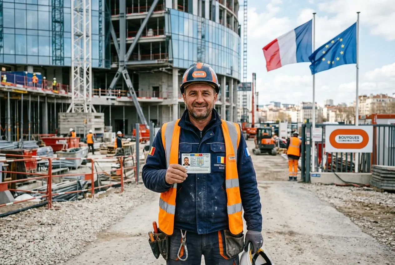 Homme ouvrier sur un chantier, portant gilet orange et casque, tenant une carte d’identité, avec drapeaux français et européen en arrière-plan. embaucher légalement un travailleur roumain en france.