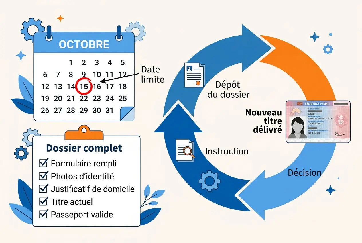 Illustration d’un processus de demande: calendrier octobre avec date limite, et dossier complet à cocher; cycle de dépôt du nouveau titre délivré et décision, montrant une carte de séjour et instruction. Mot clé intégré: titre de séjour travailleur temporaire.