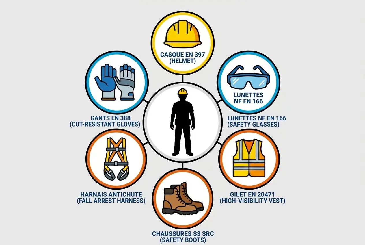 Illustration de personnages et protections de sécurité sur chantier: casque, gants, lunettes, gilet, harnais et chaussures de sécurité autour d’une silhouette centrale. Respect des normes sécurité chantier et EPI.