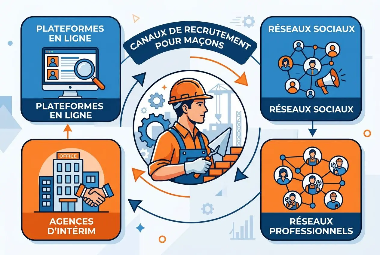 Maçon intérim : homme en chantier portant casque, gants et outils, entouré d’icônes de réseaux et plateformes de recrutement.