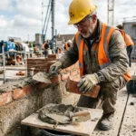 Maçon intérim travaillant sur un chantier, pose de briques avec outils et casque jaune, site de construction en arrière-plan.