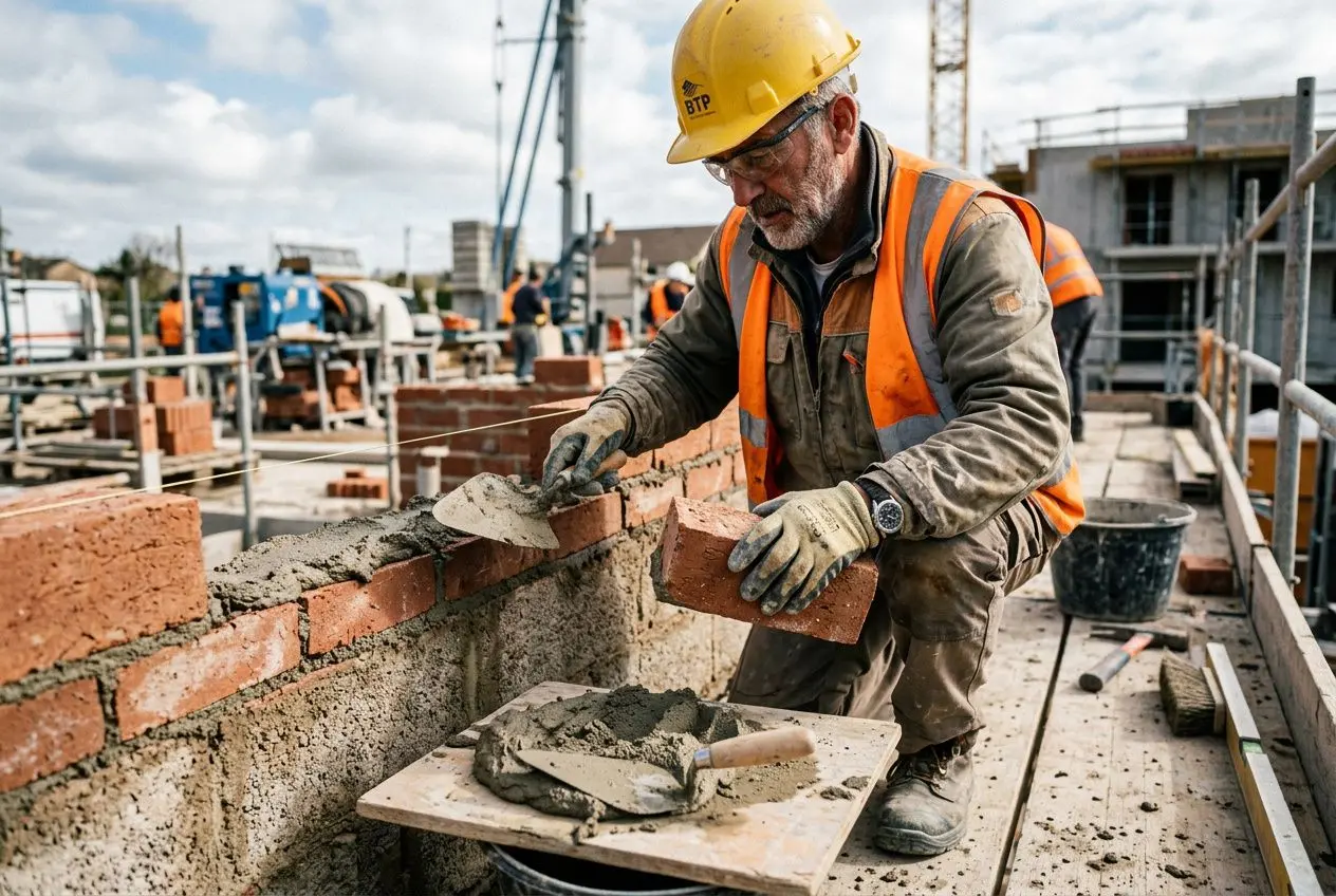 Maçon intérim travaillant sur un chantier, pose de briques avec outils et casque jaune, site de construction en arrière-plan.