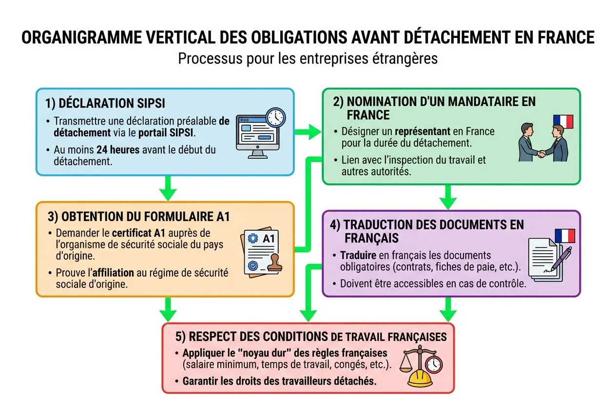 Organigramme vertical des obligations avant détachement en France pour travailleur détaché dans l'Union européenne, avec étapes et droits des salariés.