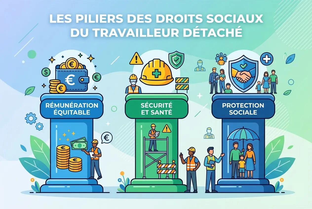 Les piliers des droits sociaux du travailleur détaché dans l’Union européenne: rémunération équitable, sécurité et santé, protection sociale.
