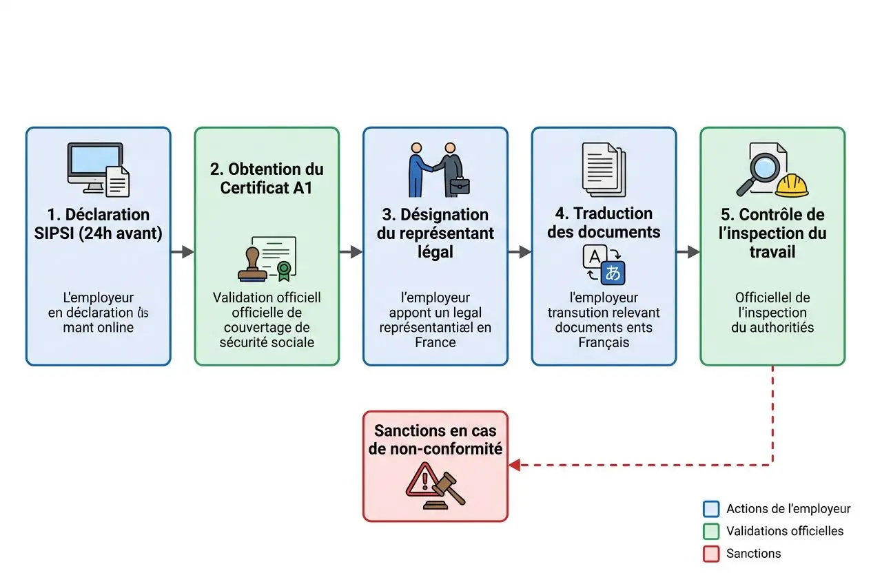 Processus de déclaration et conformité pour salarié détaché en France, menant à la désignation du représentant légal et contrôle des documents, avec sanctions en cas de non-conformité. intégrant le terme salarié détaché en france cotisations sociales naturellement.