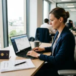 Professionnelle en bureau, saisissant une demande d'autorisation de travail pour un salarié étranger sur son ordinateur.