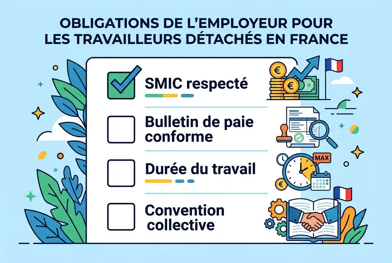 Rémunération d'un travailleur détaché : illustration d’obligations employeur en France avec vérifications, fiche de paie et symbole euro.
