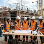 Travailleurs sur un chantier, plan directeur sur une table en bois, visant et discutant les plans de construction sur un site d’infrastructure. travailleur détaché dans l'union européenne