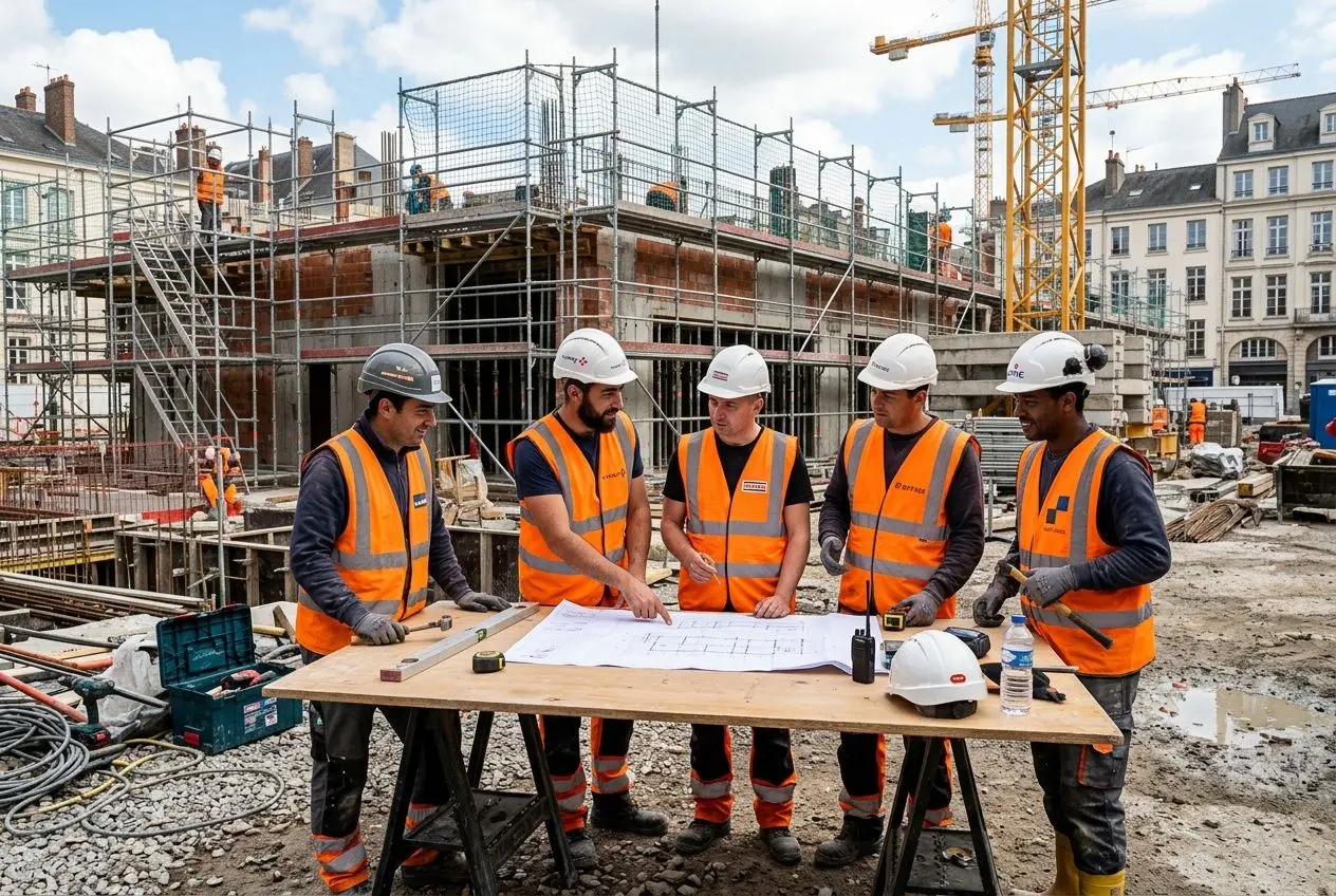 Travailleurs sur un chantier, plan directeur sur une table en bois, visant et discutant les plans de construction sur un site d’infrastructure. travailleur détaché dans l'union européenne