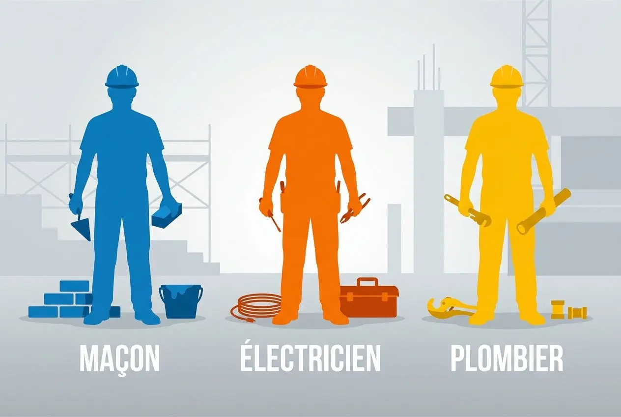 Trois ouvriers du BTP en silhouettes colorées (maçon bleu, électricien orange, plombier jaune) sur un chantier de construction.