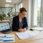 Assistante en coin bureau, femme d’affaires écrit des documents avec ordinateur portable affichant des graphiques en ligne. Inclut la mention des métiers en tension en france 2025 de façon naturelle.