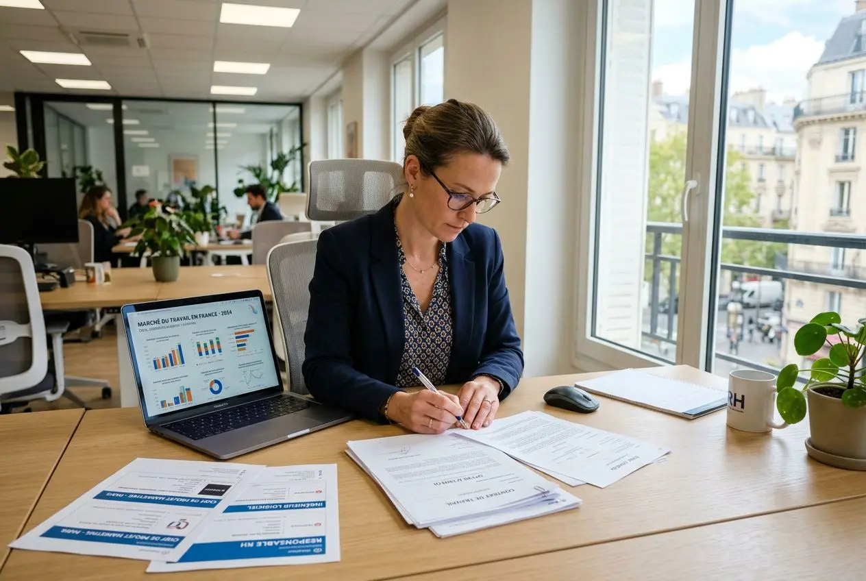 Assistante en coin bureau, femme d’affaires écrit des documents avec ordinateur portable affichant des graphiques en ligne. Inclut la mention des métiers en tension en france 2025 de façon naturelle.