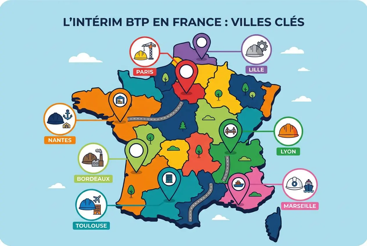 Carte de la France montrant des villes clés pour l’intérim BTP, avec icônes et trajets reliant Paris, Lyon, Marseille, Lille, Nantes, Bordeaux, Toulouse. Agence intérim construction france.