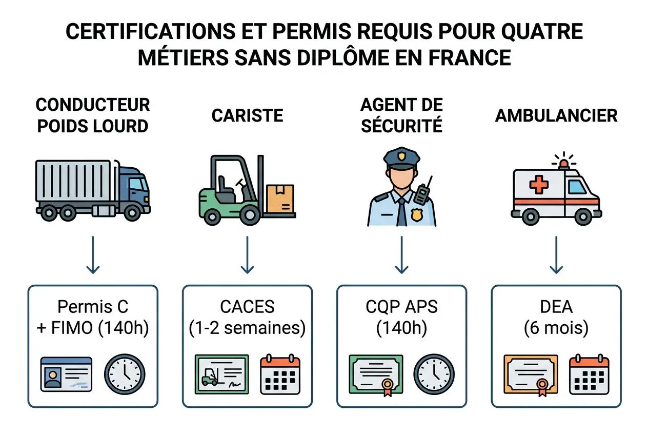Certifications et permis requis pour quatre métiers sans diplôme en France, dont permis C + FIMO, CACES, CQP APS et DEA pour ambulancier.