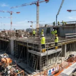 Chantier de construction dynamique avec ouvriers en sécurité sur une structure en béton, grues et scaffolding en action. agence intérim construction france est impliquée.