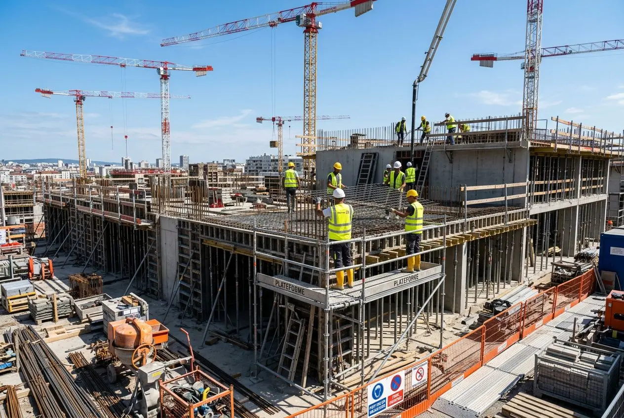Chantier de construction dynamique avec ouvriers en sécurité sur une structure en béton, grues et scaffolding en action. agence intérim construction france est impliquée.